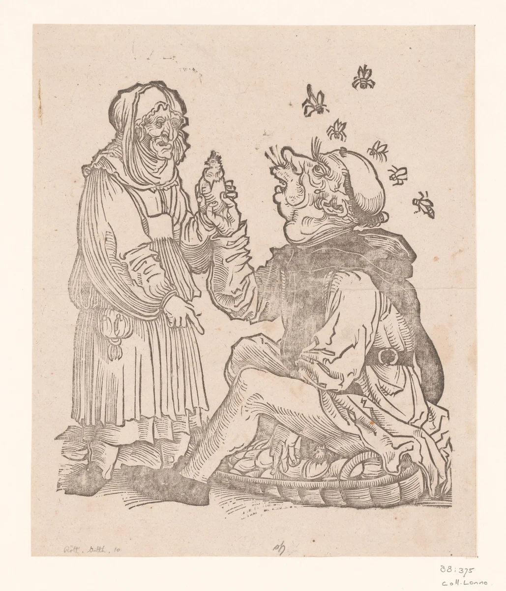 Boerin en broedende dominicaanse monnik by anonymous, print, 1505-1536