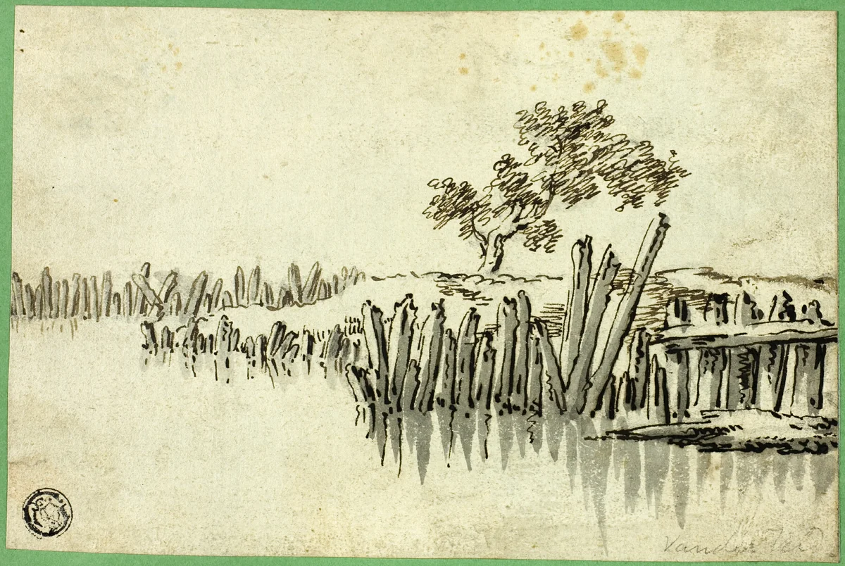 Stream with Pilings by Willem van de Velde, drawing, 1631-1693