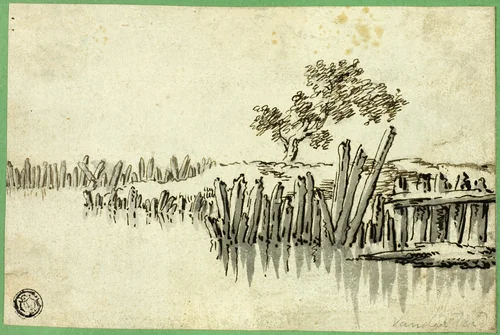 Stream with Pilings by Willem van de Velde, drawing, 1631-1693