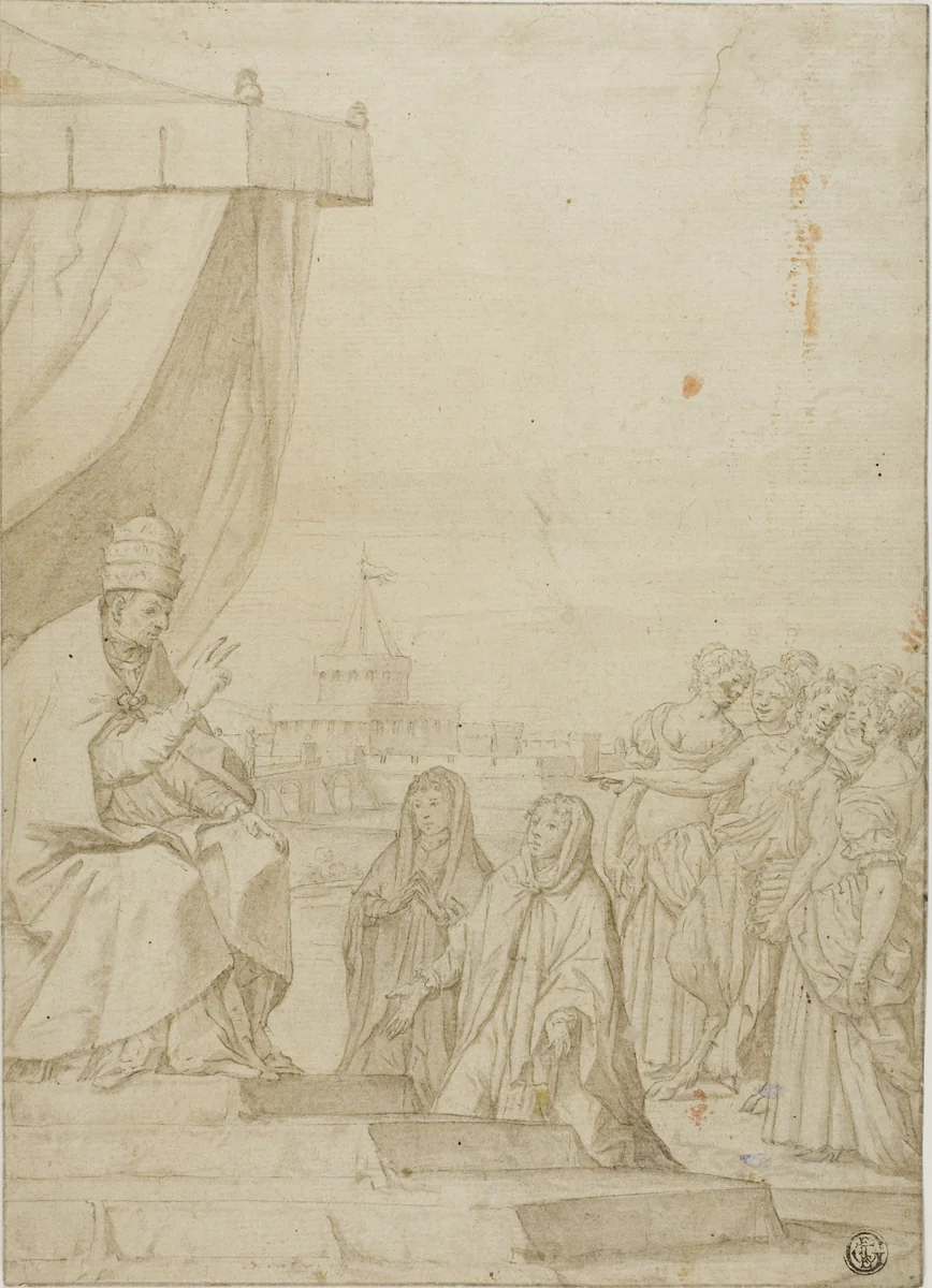 Pope Blessing Two Women in the Presence of Satyr and Assembled Women with Castel Sant Angelo in the Background by Federico Zuccaro, drawing, 1550-1625