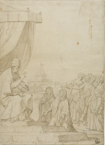Pope Blessing Two Women in the Presence of Satyr and Assembled Women with Castel Sant Angelo in the Background by Federico Zuccaro, drawing, 1550-1625