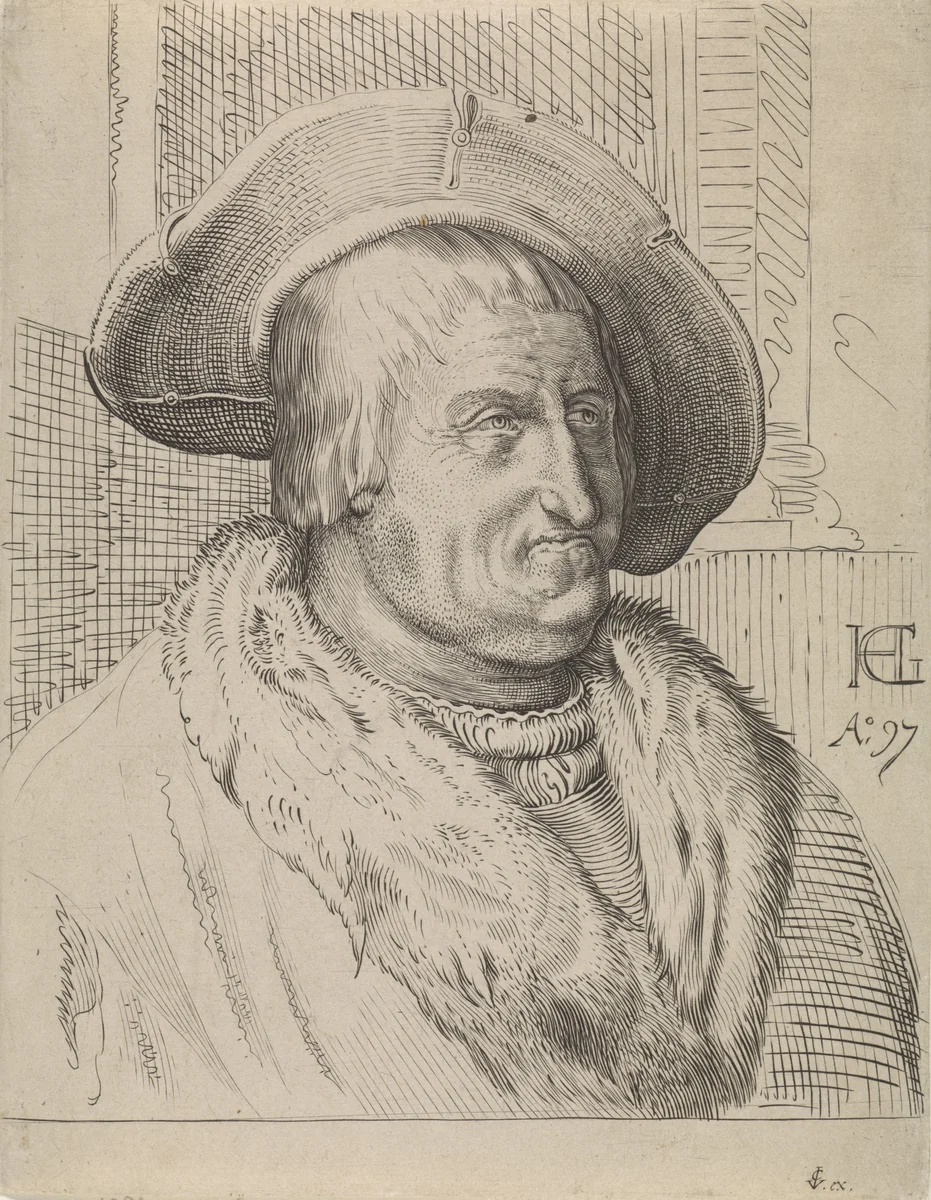 Portret van een oude man met hoed by anonymous, print, 1597