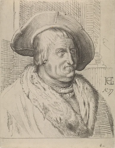 Portret van een oude man met hoed by anonymous, print, 1597