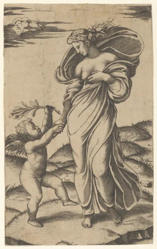 An allegory of Peace; Peace personified as a woman standing in a landscape holding the left hand of a winged genius by Marcantonio Raimondi, print, 1512-1522