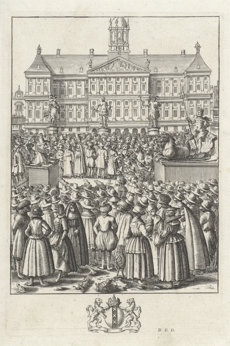 Inwoners van Amsterdam in de gedaante van kikkers verzameld op de Dam by anonymous, print, 1665