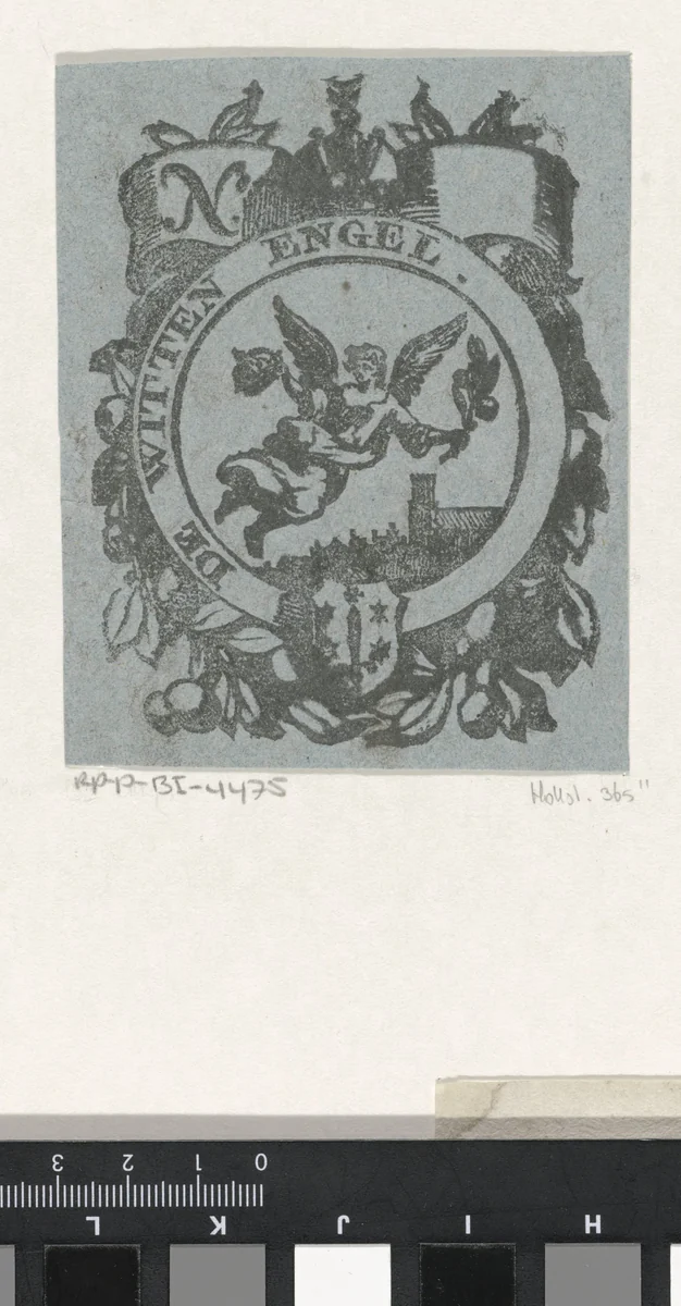 Handelsetiket met een engel en het wapen van de stad Haarlem by Isaac Vincentsz. van der Vinne, print, 1681-1740