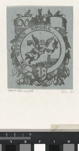 Handelsetiket met een engel en het wapen van de stad Haarlem by Isaac Vincentsz. van der Vinne, print, 1681-1740