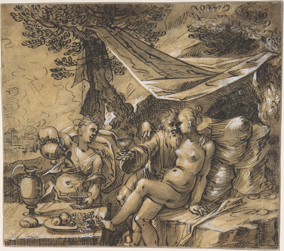 Lot and His Daughters (recto); Rocky Landscape with a Castle and Bridge (verso) by Hermann Weyer, drawing, 1611-1621