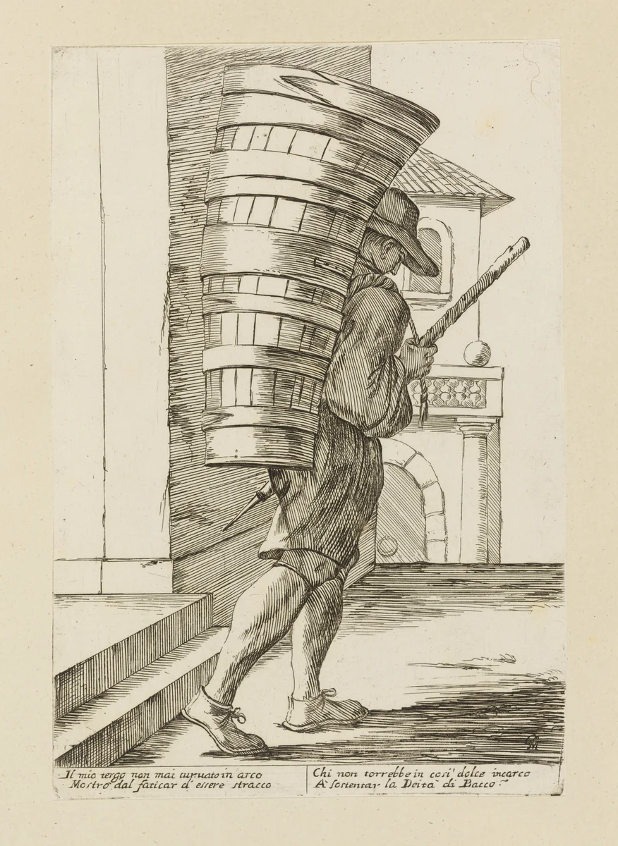 Man Carrying a Barrel of Wine, from Di Bologna l'Arti per via D'An.ibal' Ca.rac, plate 36 by Giuseppe Maria Mitelli, print, 1660