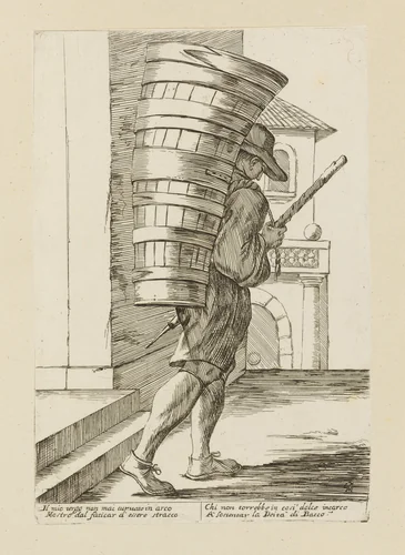 Man Carrying a Barrel of Wine, from Di Bologna l'Arti per via D'An.ibal' Ca.rac, plate 36 by Giuseppe Maria Mitelli, print, 1660