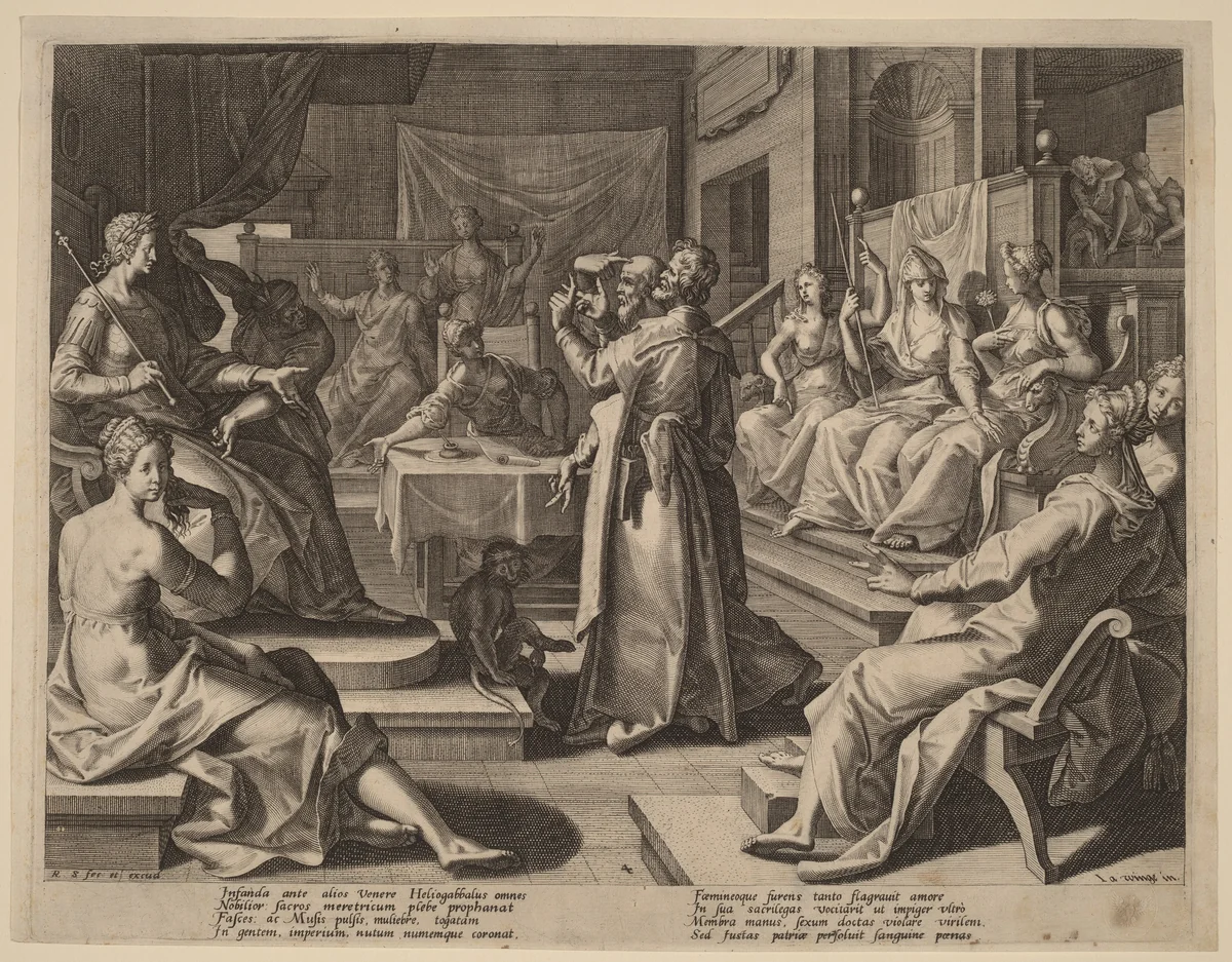 Heliogabalus and the Wise Women by Raphael Sadeler I, print, 1589