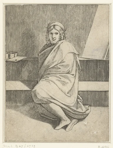 Portret van schilder Raphael by Marcantonio Raimondi, print, 1510-1527