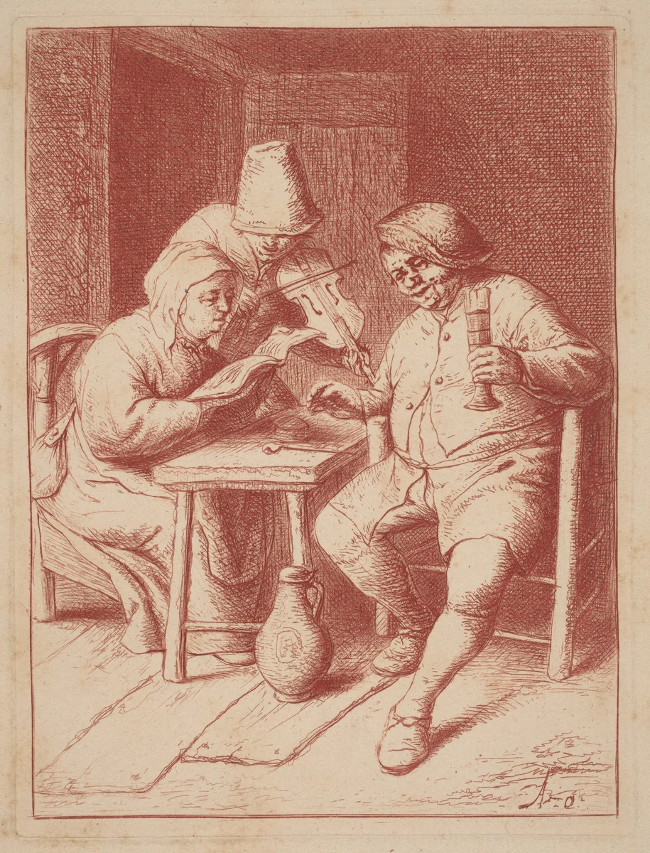 Two Singers and a Fiddler in an Interior by Adriaen van Ostade, print, 1647-1657
