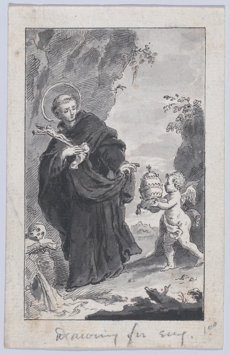 A saint holding a crucifix, an angel at right approaching with a papal tiara by anonymous, drawing, 1845-1895