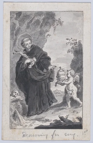 A saint holding a crucifix, an angel at right approaching with a papal tiara by anonymous, drawing, 1845-1895