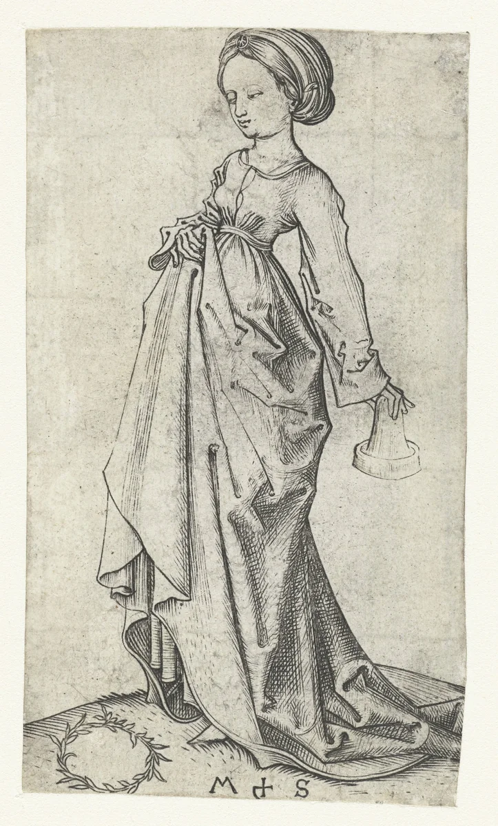 De tweede dwaze maagd by Unknown, print, 1470-1491