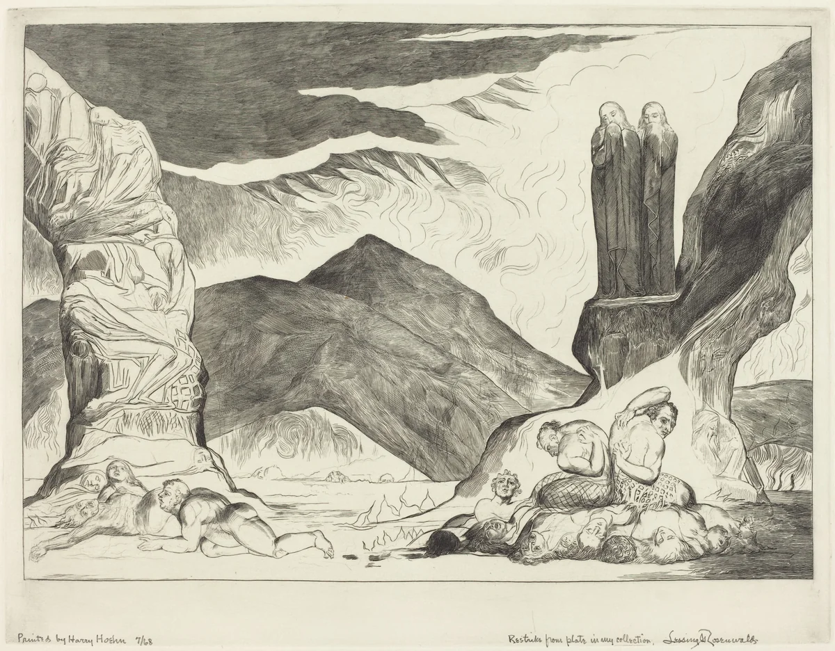 The Circle of the Falsifiers; Dante and Virgil Covering their Noses because of the stench by William Blake, print, 1827