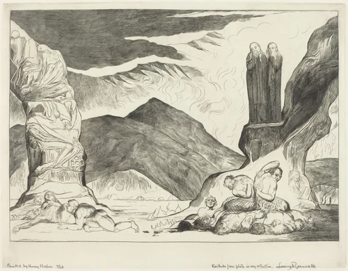 The Circle of the Falsifiers; Dante and Virgil Covering their Noses because of the stench by William Blake, print, 1827