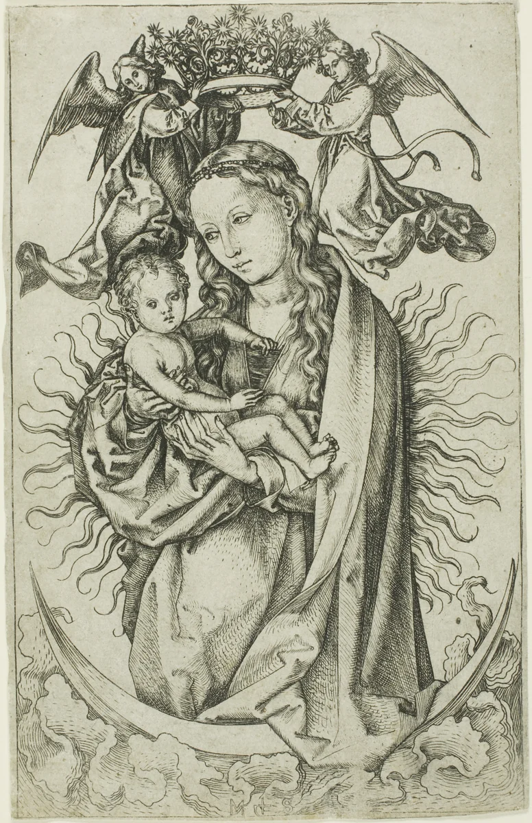The Madonna on the Crescent Crowned by Two Angels by Martin Schongauer, print, 1470-1475