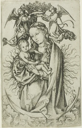 The Madonna on the Crescent Crowned by Two Angels by Martin Schongauer, print, 1470-1475