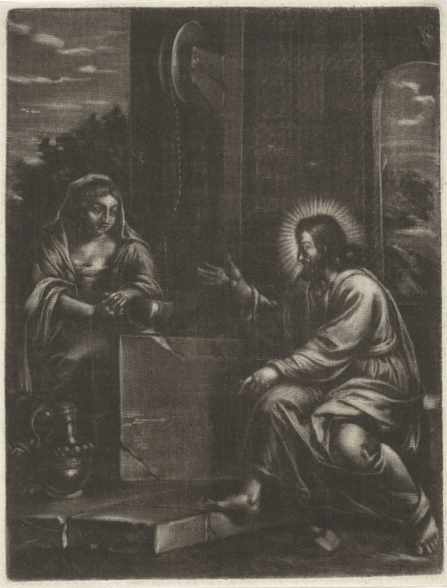 Christus en de Samaritaanse vrouw by Jan van Somer, print, 1655-1700