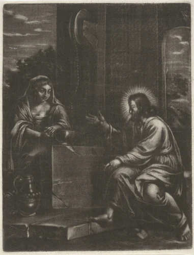 Christus en de Samaritaanse vrouw by Jan van Somer, print, 1655-1700