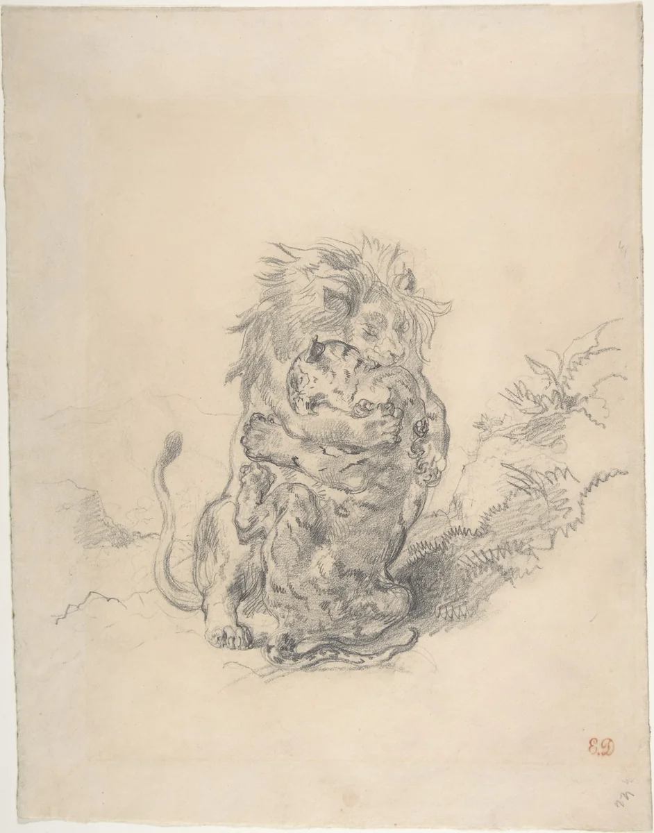 A Lion and a Tiger, Fighting by Eugène Delacroix, drawing, 1849-1859