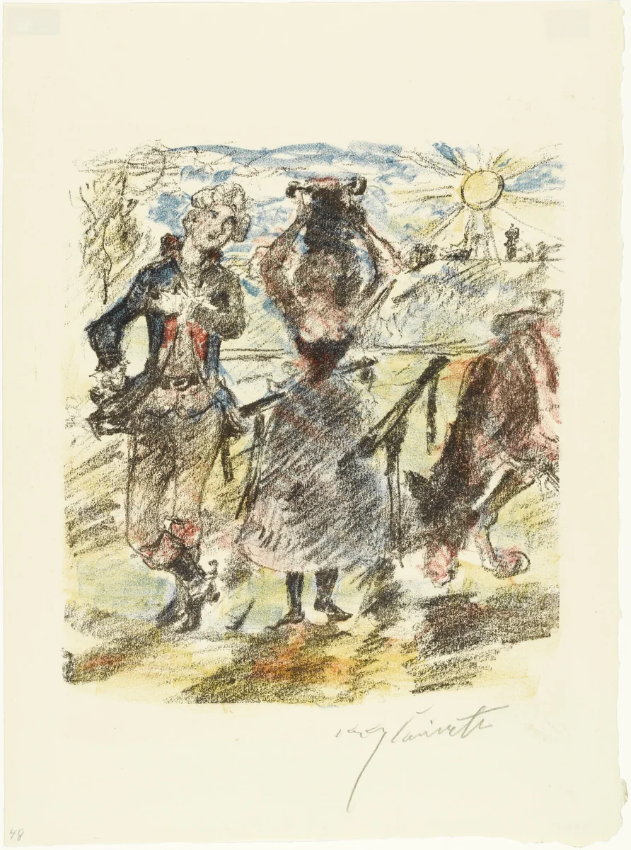 The Young Hunter Greets Aline (Der junge Jäger begrüsst Aline) from The Queen of Golconda (Die Königin von Golkonde) by Lovis Corinth, print, 1920