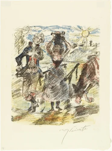 The Young Hunter Greets Aline (Der junge Jäger begrüsst Aline) from The Queen of Golconda (Die Königin von Golkonde) by Lovis Corinth, print, 1920