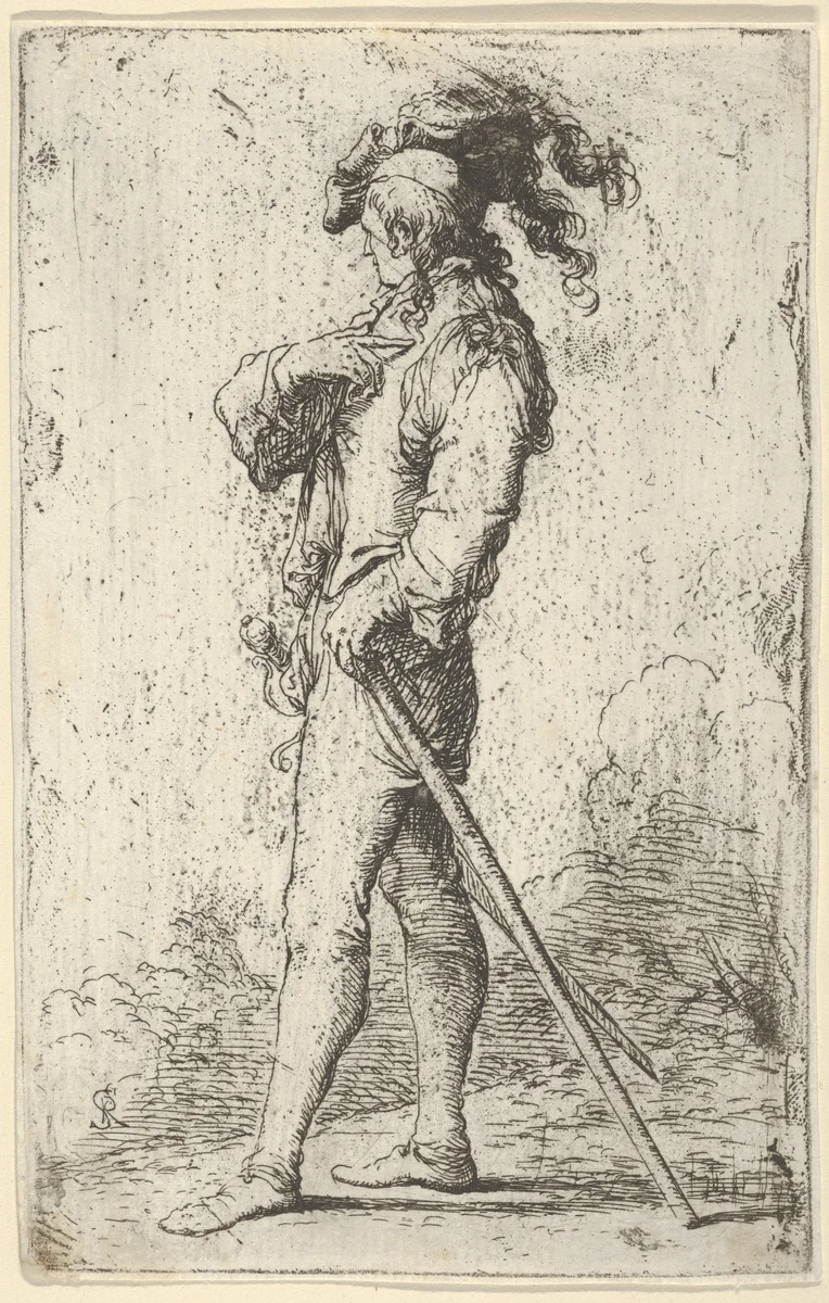 A warrior facing left wearing a plumed hat and holding a cane, from "Figurine" by Salvator Rosa, print, 1651-1662