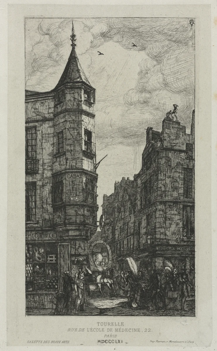 House with a Turret, No. 22, rue de L'Ecole de Médecine, Paris, (called the Turret of Marat) by Charles Meryon, print, 1861