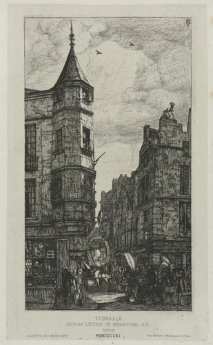 House with a Turret, No. 22, rue de L'Ecole de Médecine, Paris, (called the Turret of Marat) by Charles Meryon, print, 1861