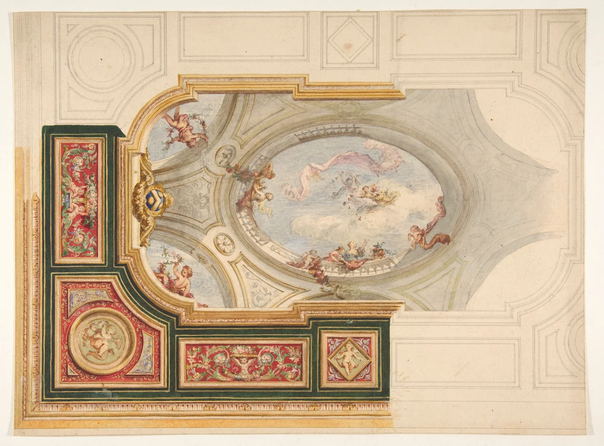 Design for a ceiling in Baroque style with a central panel in trompe l'oeil by Jules-Edmond-Charles Lachaise, drawing, 1820-1897