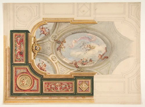 Design for a ceiling in Baroque style with a central panel in trompe l'oeil by Jules-Edmond-Charles Lachaise, drawing, 1820-1897