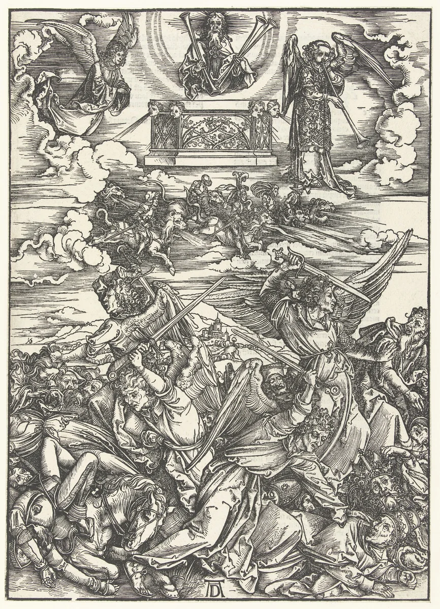 De vier wrekende engelen by Unknown, print, 1496-1498