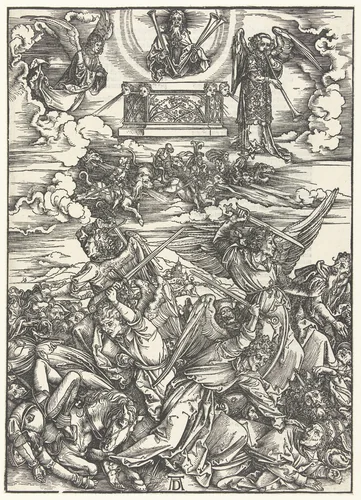 De vier wrekende engelen by Unknown, print, 1496-1498