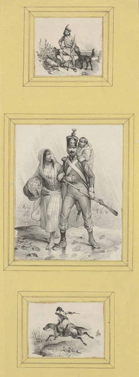 Soldiers and a Highlander (3 prints of varying size pasted onto a yellow sheet) by Victor Adam, print, 1820-1866
