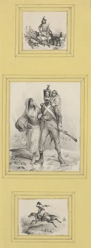 Soldiers and a Highlander (3 prints of varying size pasted onto a yellow sheet) by Victor Adam, print, 1820-1866