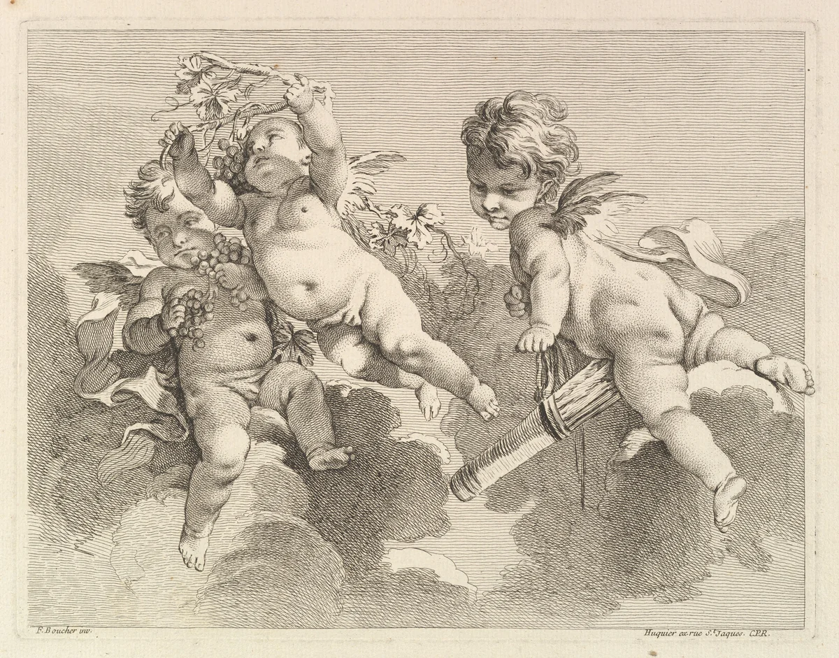 Three Loves, One holding a Quiver, the Other, Grapes by Pierre Alexandre Aveline, print, 1727-1760