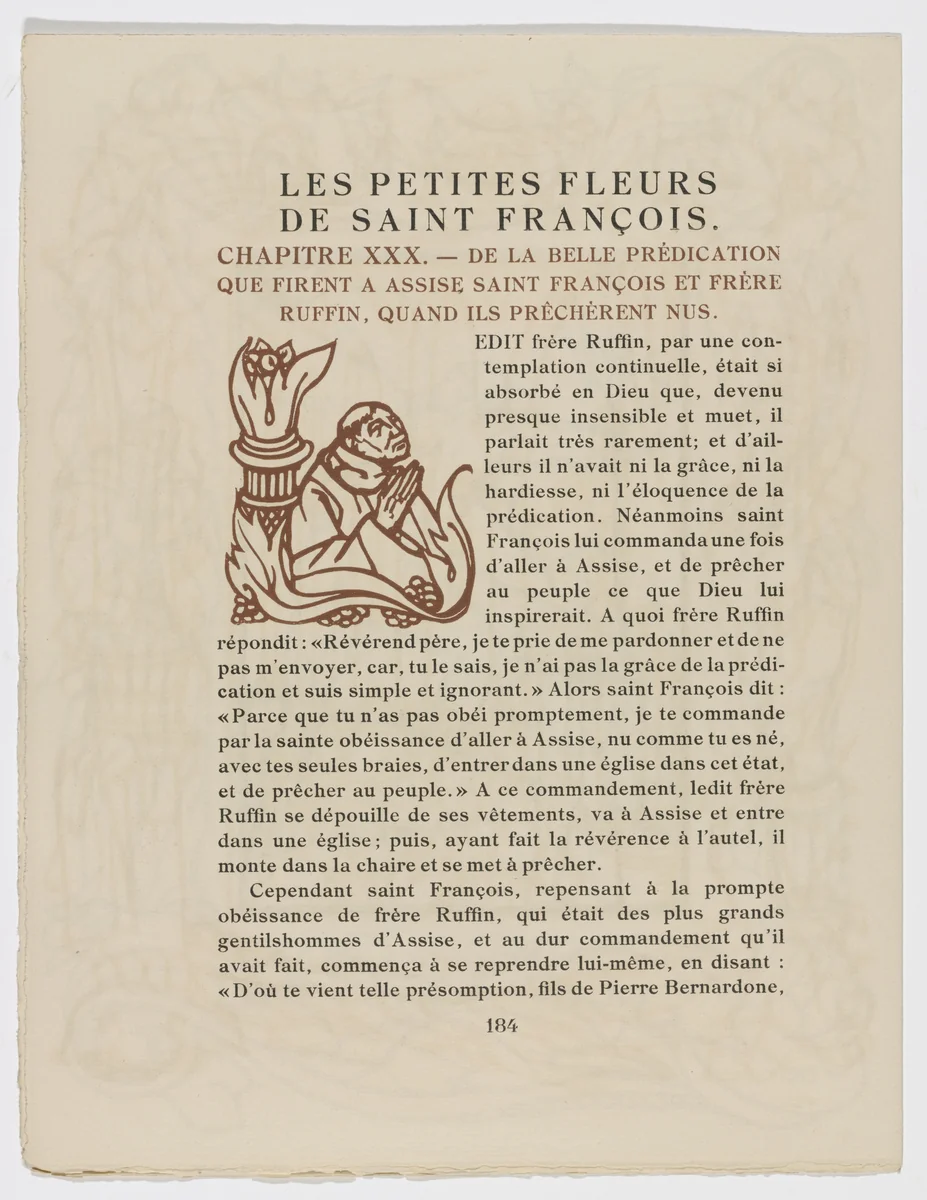 Pictorial initial (page 184) from Les Petites Fleurs de St. François (The Little Flowers of St. Francis) by Émile Bernard, illustrated book, 1928