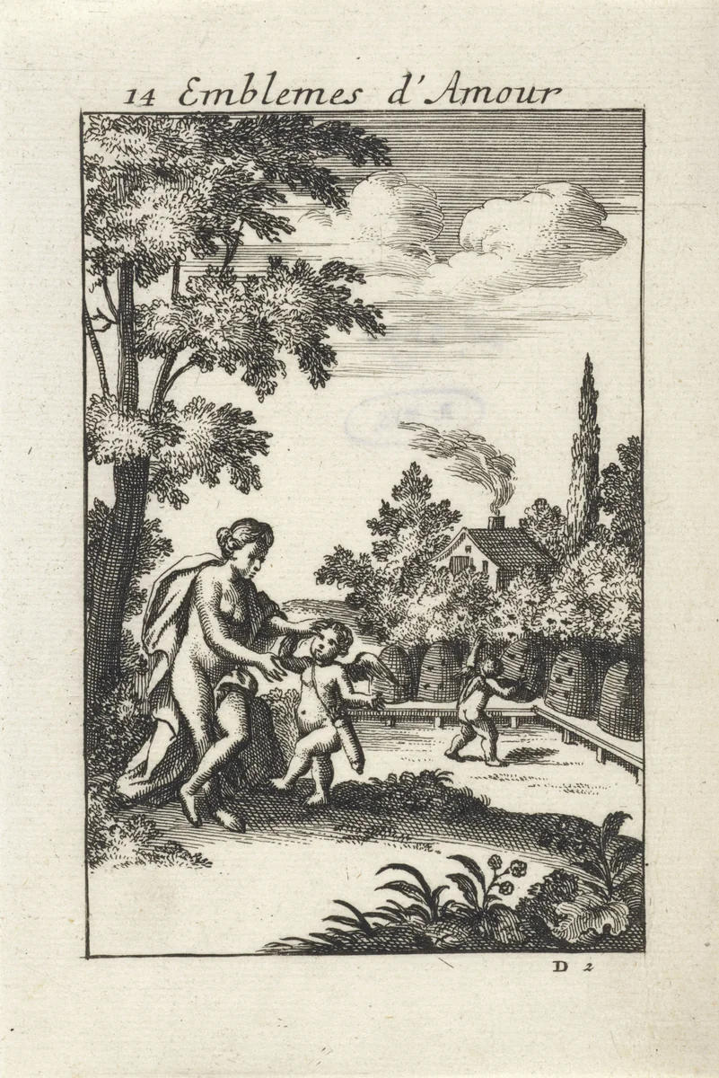 Amor door een bij gestoken, klagend bij Venus by Jan van Vianen, print, 1686