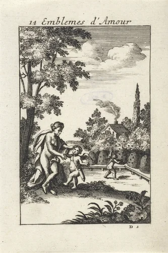 Amor door een bij gestoken, klagend bij Venus by Jan van Vianen, print, 1686