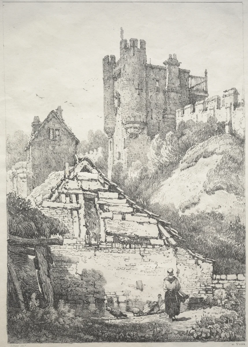A Series of Ancient Buildings and Rural Cottages in the North of England: At York, Farmyard with Chickens by Samuel Prout, print, 1821