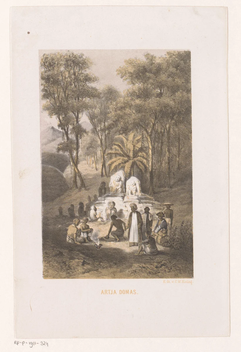 Landschap met beeldengroep en figuren op West Java by anonymous, print, 1859