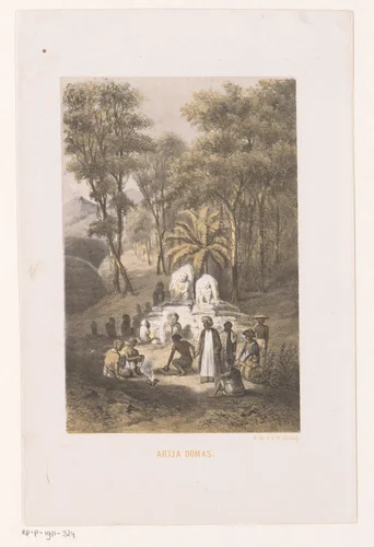 Landschap met beeldengroep en figuren op West Java by anonymous, print, 1859