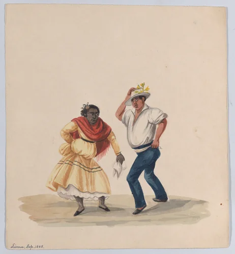 A man and a woman dancing, from a group of drawings depicting Peruvian dress by Francisco Fierro, drawing, 1848