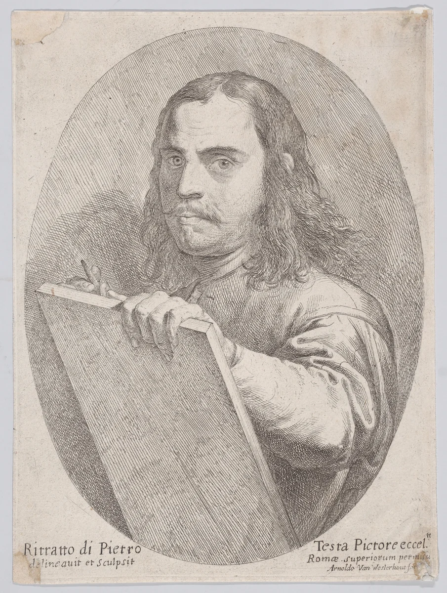 Self portait as an artist, holding a drawing board and implement by Pietro Testa, print, 1640-1650