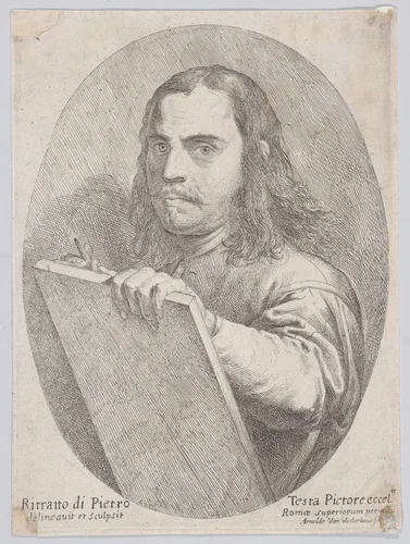 Self portait as an artist, holding a drawing board and implement by Pietro Testa, print, 1640-1650