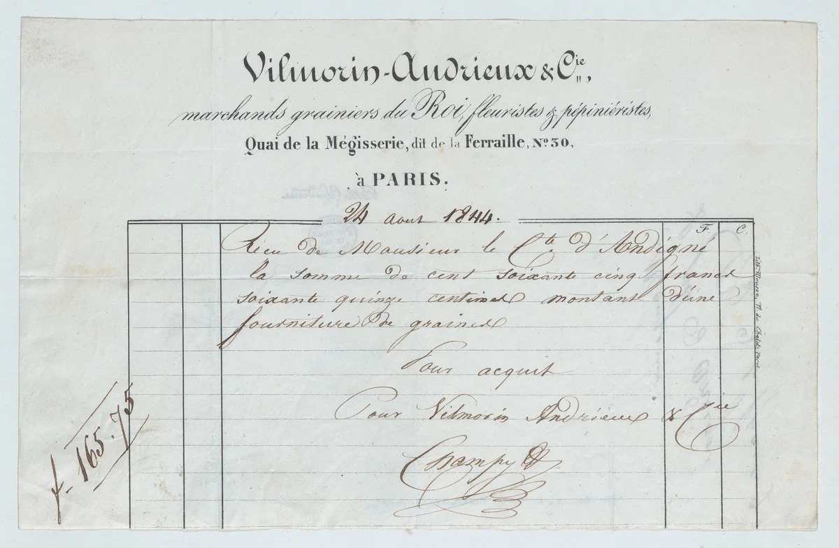 Invoice from Vilmorin-Andrieux et Cie, Paris, for seed supplies to the Count of Andigné by Vilmorin Andrieux et Cie, print, 1844