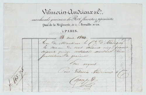 Invoice from Vilmorin-Andrieux et Cie, Paris, for seed supplies to the Count of Andigné by Vilmorin Andrieux et Cie, print, 1844